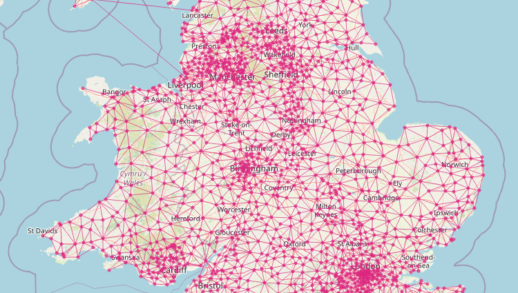 Slow Ways map showing towns and villages across the UK linked by walking routes.